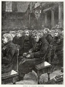 Hospital Prints: Sunday at Chelsea the Royal Hospital Chelsea. With limited number of men receiving