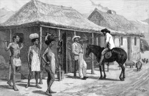 Prints of Traders and natives meet outside a store in Swaziland, south-east Africa. Date: 1889 December Prints: SWAZILAND STORE 1889