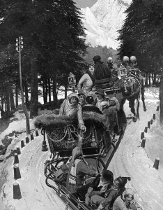 Mountains Prints: Swiss Winter Tailing scene with horse-drawn sledge