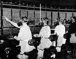 13th Prints: Switchboard operators wearing gas-masks