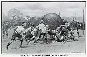 Played Prints: Two teams with eight players pushing a enormous 6 ft ball made from nine hides of horses