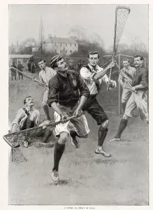 Sport Prints: Two teams playing a friendly game of lacrosse. Date: 1902