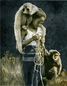 Asian Prints: Thai woman accompanied by two gibbons