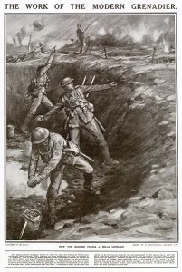 Soldiers Prints: Throwing Mills Grenades in Trenches 1917