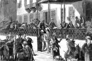 Cairo Prints: Tourists on the Verandah of Shepheards Hotel Cairo