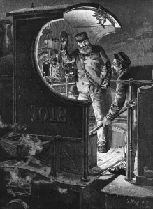 Scotland Prints: Train driver and stoker on engine footplate