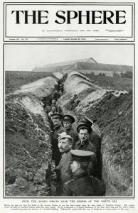 Prints of Allied soldiers standing in a trench in sand dune country in Northern France, 1914. Date: October 1914 December Prints: Trench in sand dunes, Northern France, 1914
