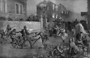 Prints of The taxicab in war. German occupiers of the town of Senlis, in France, in World War One, surprised by a dash of Turcos (native French colonial Algerian troops) who whirled into the town in taxicabs December Prints: Turcos in taxicabs in Senlis, World War One