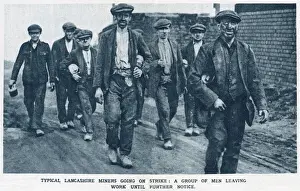 1920 Prints: Typical Lancashire miners going on strike: A group of men leaving work until further