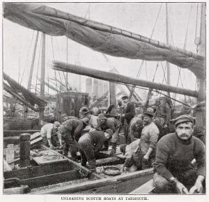 Ship Prints: Unload Scotch Boats at Great Yarmouth. Date: November 1902
