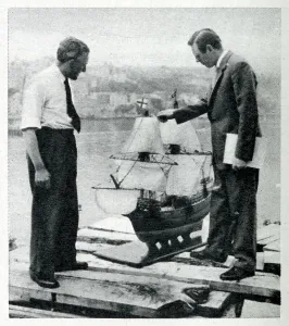 Ship Prints: Upham and Charlton inspect a scale model of the Mayflower II