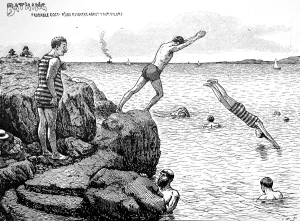 Rocks Prints: Victorian Bathers Diving off Rocks, 1898