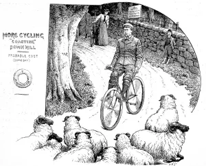 Cyclist Prints: Victorian Cyclist encountering a flock of sheep, 1898