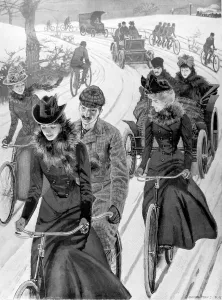 Period Prints: Victorian Cyclists and Motorists on a Snowy Road
