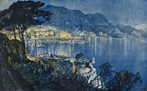 Gardens Prints: A view of Monte Carlo at night made from the high vantage point of the high gardens of Monaco looking down upon