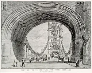Approach Prints: View of Tower Bridge with horse carriages and people walking crossing. Date: 1894