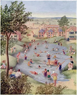 1940 Prints: Villagers enjoy swimming in their local pond on a hot summer's day