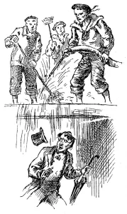 December Prints: A Visitor to an Emigrant Ship being soaked by Seamen, 1884