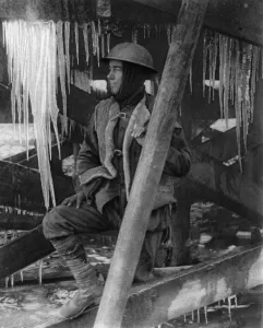 Warm Prints: A warmly clad British soldier amongst icicles