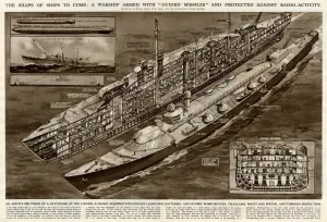 G H Davis Illustrations Prints: Warship with guided missiles by G. H. Davis