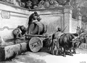 Prints of Engraving showing three men filling their water barrel at a fountain in Sintra, near Lisbon, Portugal, 1883 November Prints: Water Fountain near Lisbon, 1883