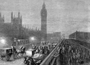 Drawn Prints: Westminster Bridge lit by lime light