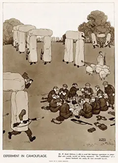 Movement Prints: William Heath Robinson drawing showing soldiers unaware of the camouflaged famous Stonehenge moving around in Wiltshire