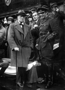 Munitions Prints: Winston Churchill watching parade through Lille, 1918