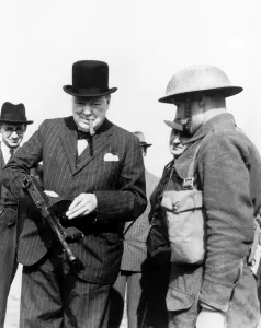 Holding Prints: Winston Churcill Holding a Sub-Machine Gun