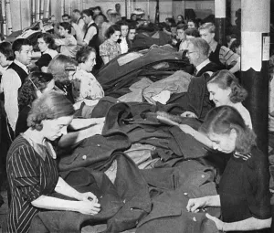 Sewing Prints: Winter greatcoats being made in army clothing factory, WWII
