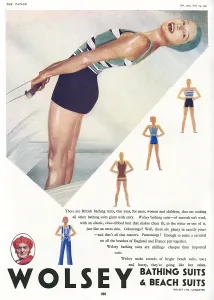 Wool Prints: Wolsey bathing suits and beach suits advertisement, 1931