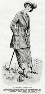 Buttons Prints: Woman in elegant sports coat and skirt