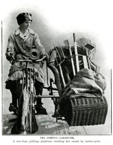 Gardening Prints: Woman gardener on her motor-cycle 1916