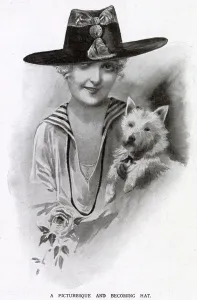Taffeta Prints: Woman holding a dog wearing a hat made of black taffeta, with a crown of beige moire