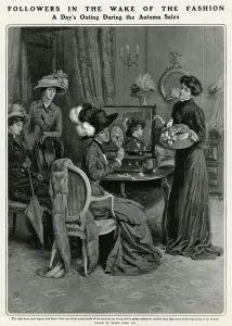 Shops Prints: Woman trying on an array of hats in the Autumn sale 1909