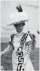 Summer Prints: Woman wearing a elegant dress for Royal Ascot. Date: June 1909