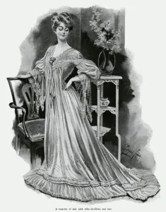 Crepe Prints: Woman wearing teagown 1905