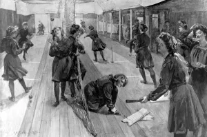 Institute Prints: Women Cricketers using Indoor Nets, St. Brides Institute, 1