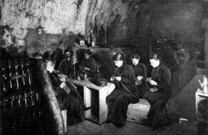 Knitting Prints: Women knitting in a wine-cellar in a much bombarded Rheims