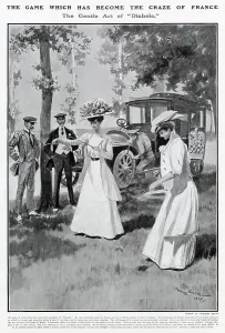 Popular Prints: Two women playing Diabolo in France while a mechanic fixes their car. Date: 1907