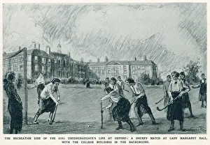 Part Prints: Women undergraduates of Lady Margaret Hall taking part in a hockey match. Date: 1920