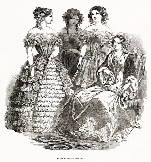 1850s Prints: Four women waering the latest fashions of May 1850. Date: 1850