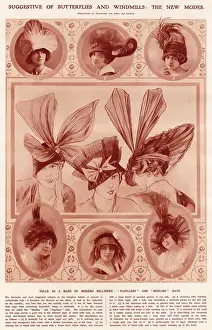 Ribbon Prints: Women wearing hats trimmed with large bows resembling butterfiles wings or windmills