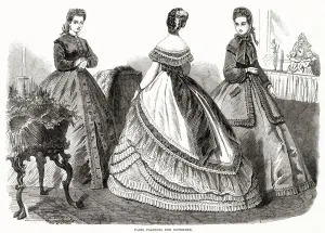 Paris Prints: Three women wearing the new style of dresses. Date: October 1864
