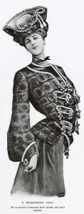 Winter Prints: A women wearing a seasonable jacket for winter, with moleskin trimmed with braid
