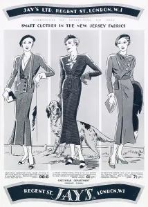 Outfit Prints: Three women wearing smart clothes in the New Jersey fabrics. Date: 1935