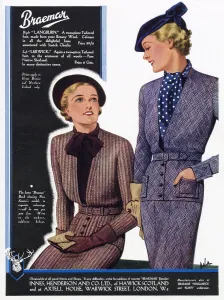 Suits Prints: Two women wearing two-piece tailored suits made from wool. Date: 1936