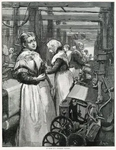 Loom Prints: Women working in cramped conditions spinning yarn. Date: 1883