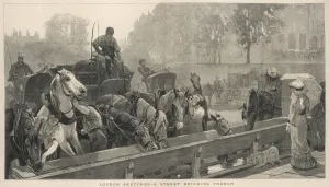 Cart Prints: Working horses drinking at a trough, London