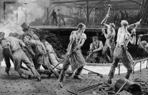 Iron Prints: Workmen hammering rivets into a vessel